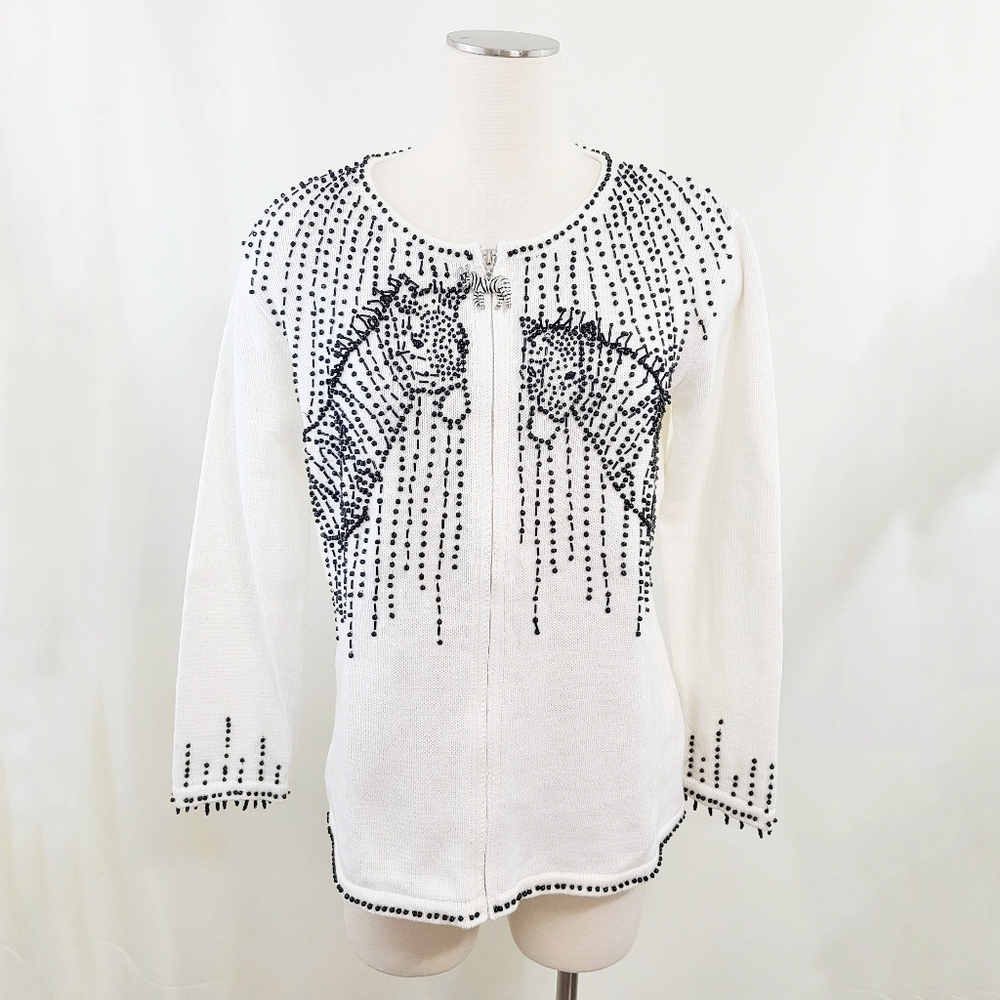 Storybook Knits Two's Company Beaded Zebra Cardigan Size Small NEW NWT white